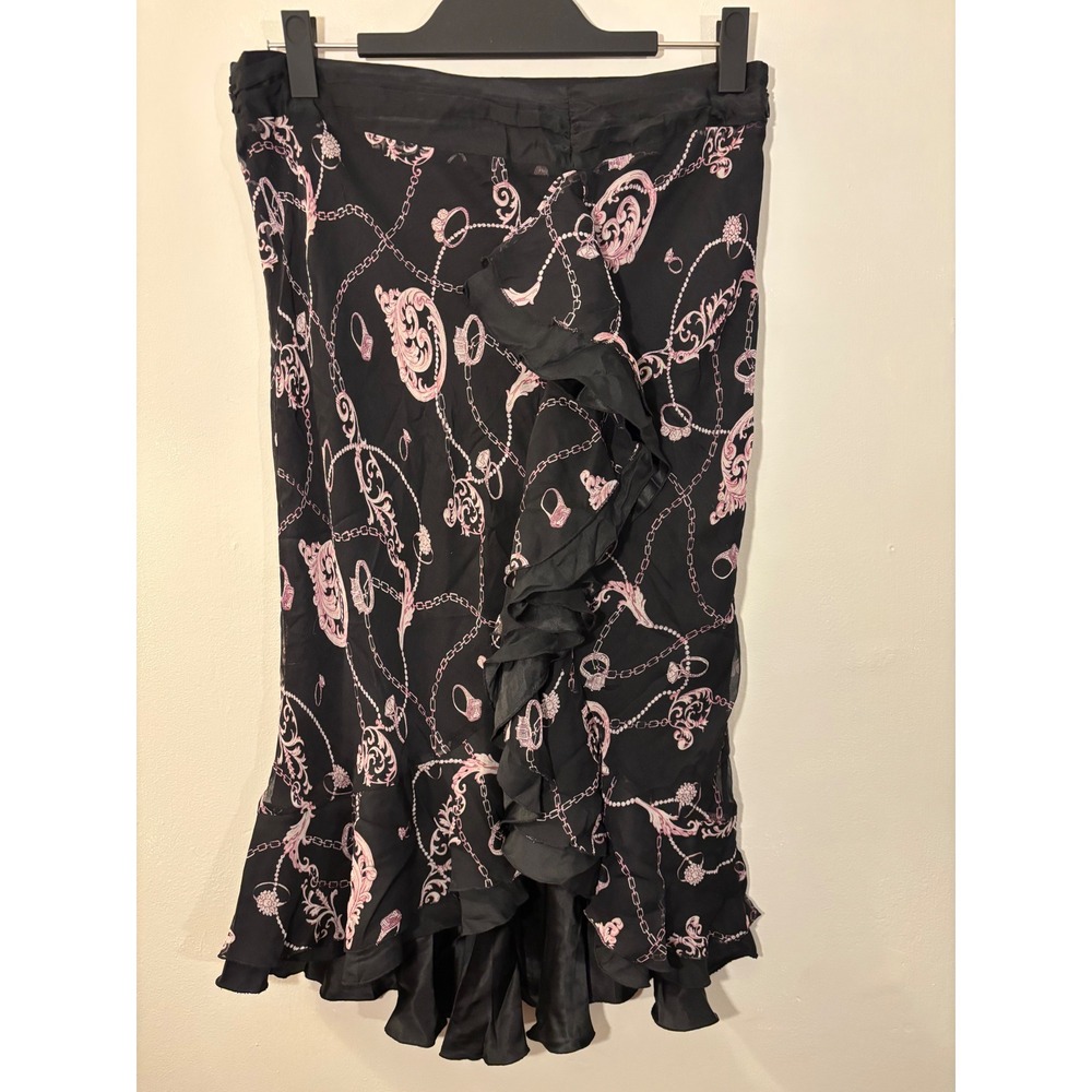Laura Leigh Ltd. Black Scroll Diamond Ring Silk Ruffle Skirt 12 Y2K